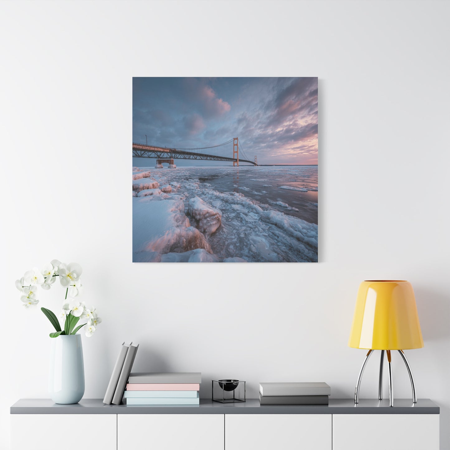 Stretched Canvas Art, Matte Wall Decor, Winter Bridge Scene, Home Aesthetic, Gift for Nature Lovers, Winter Artwork