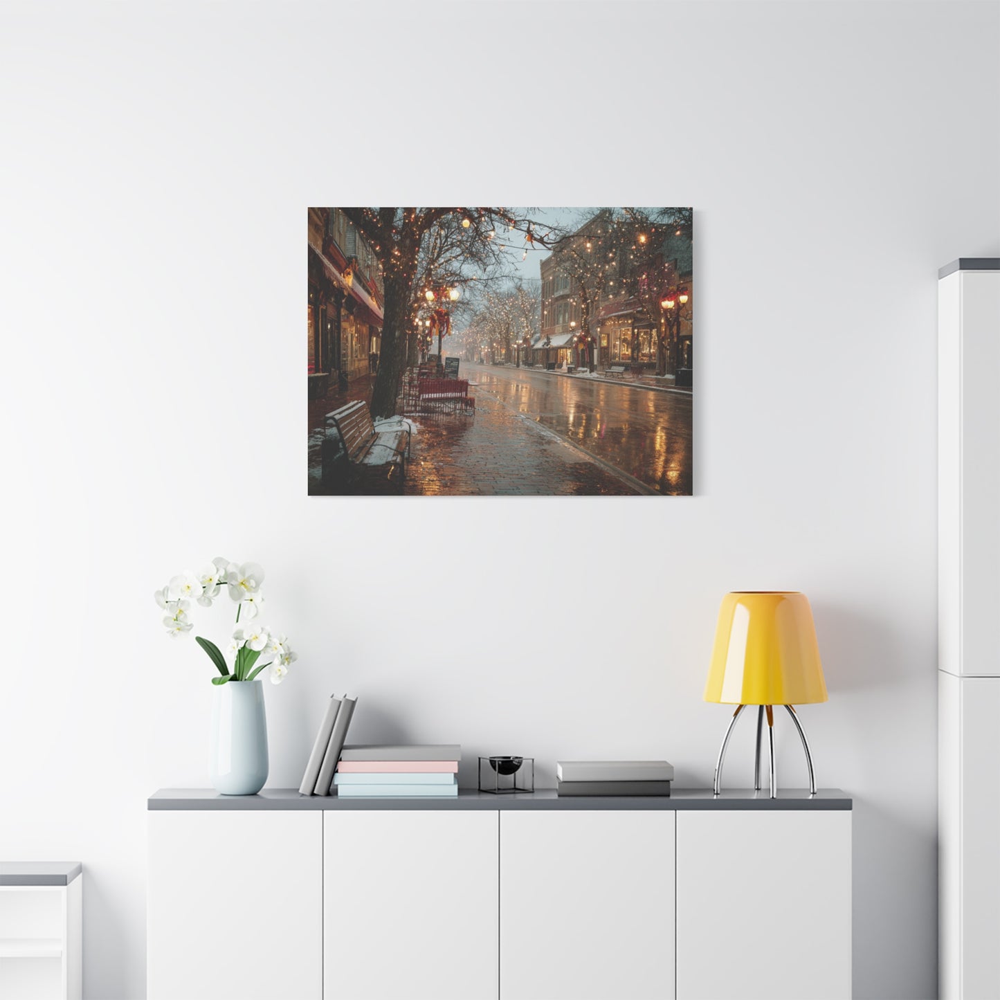 Stretched Canvas Art, Winter Street Scene