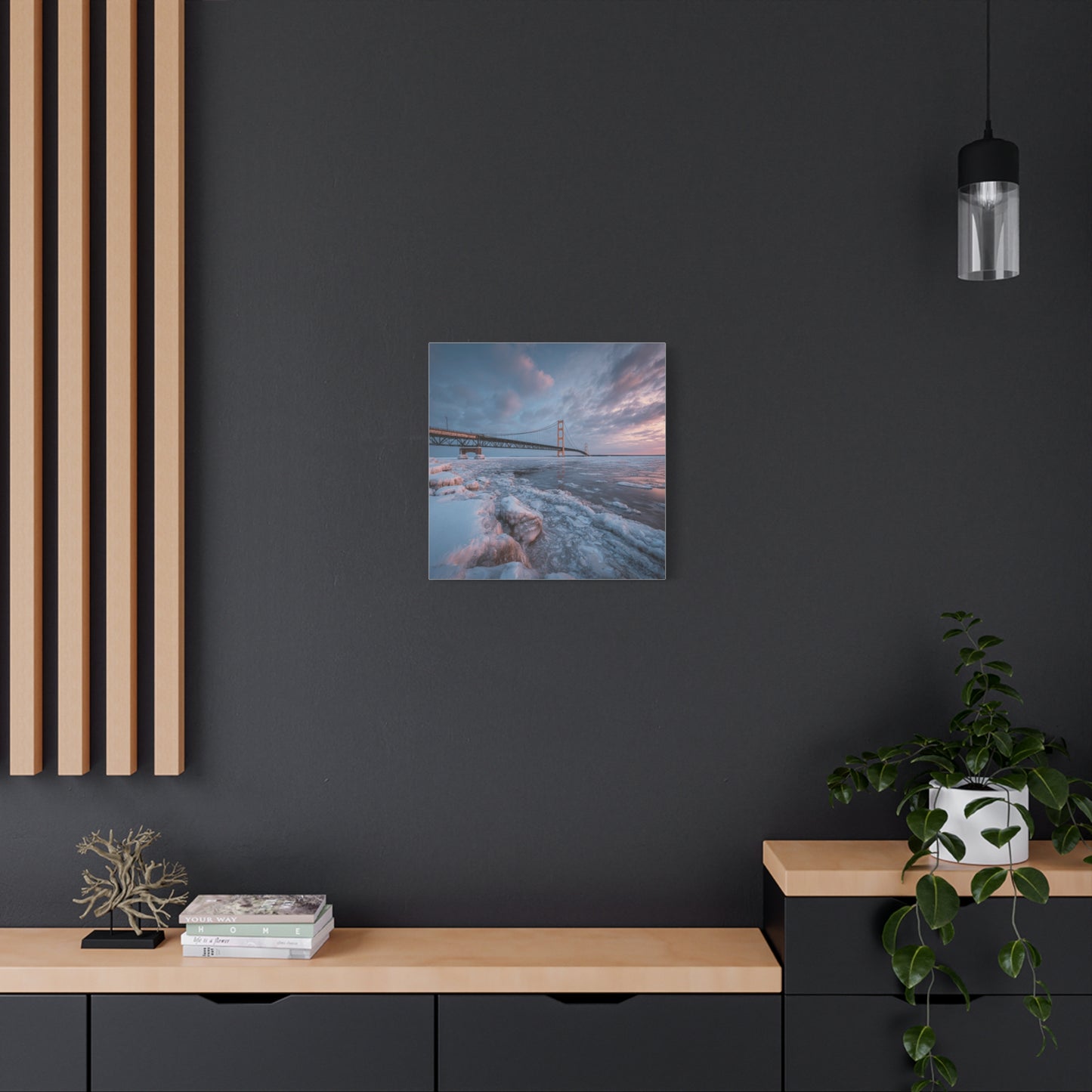 Stretched Canvas Art, Matte Wall Decor, Winter Bridge Scene, Home Aesthetic, Gift for Nature Lovers, Winter Artwork