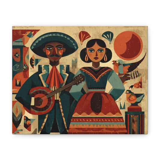 Colorful Mexican Couple Canvas Print, Folk Art Decor, Bohemian Wall Art, Cultural Gift, Home Decoration