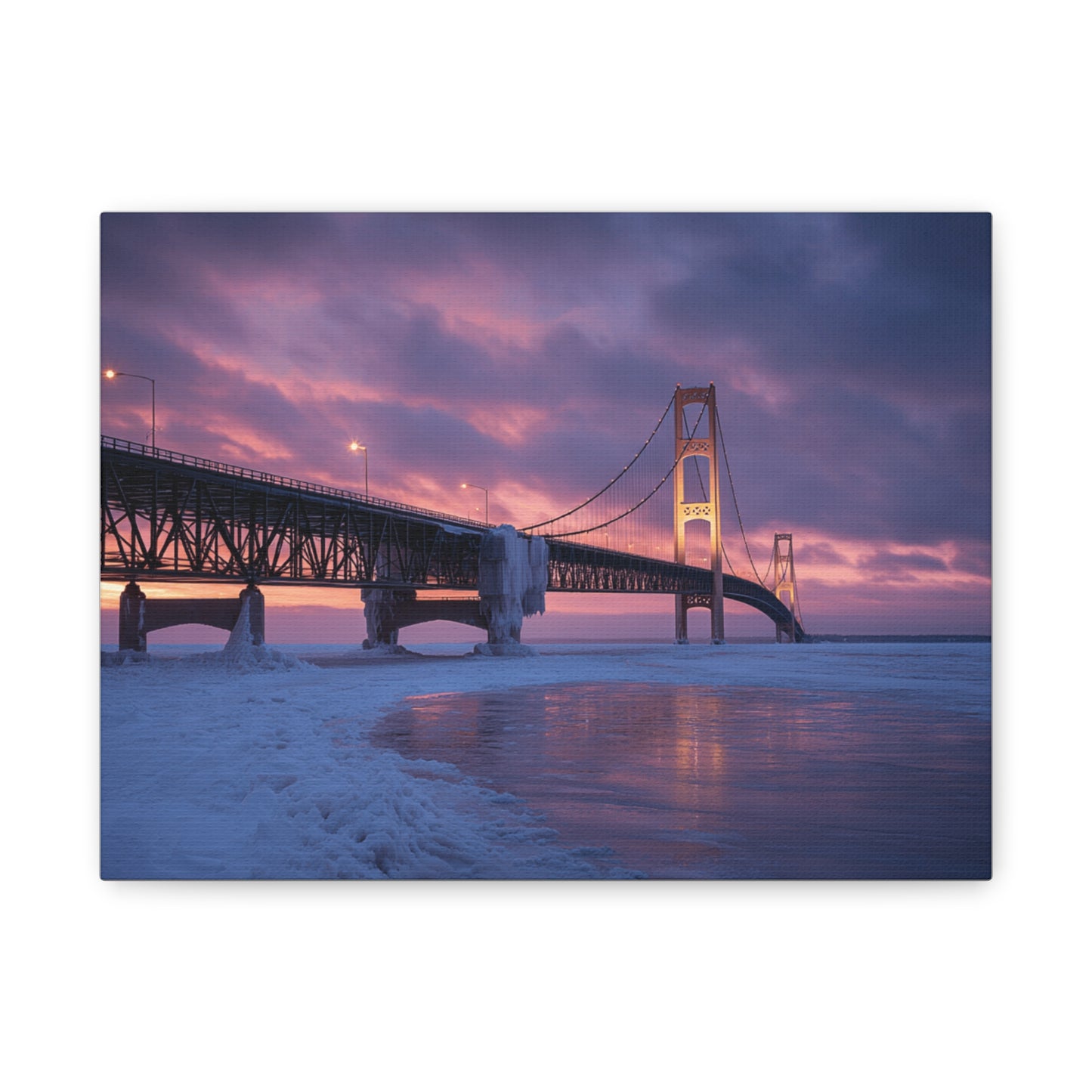 Stretched Canvas Wall Art, Matte Print of Mackinac Bridge, Home Decor, Gift for Art Lovers, Winter Landscape