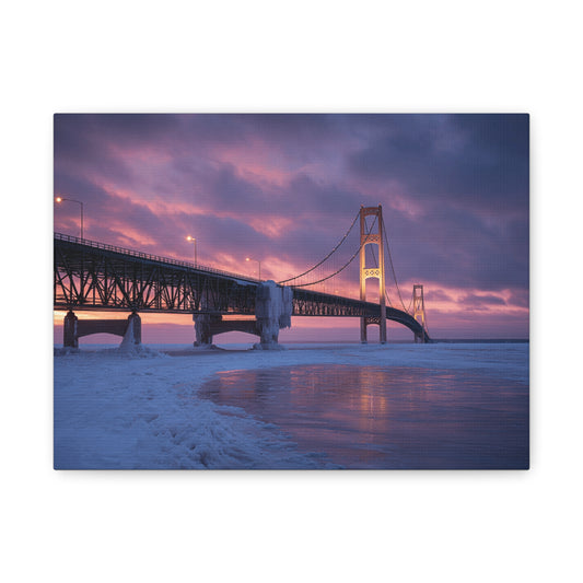 Stretched Canvas Wall Art, Matte Print of Mackinac Bridge, Home Decor, Gift for Art Lovers, Winter Landscape