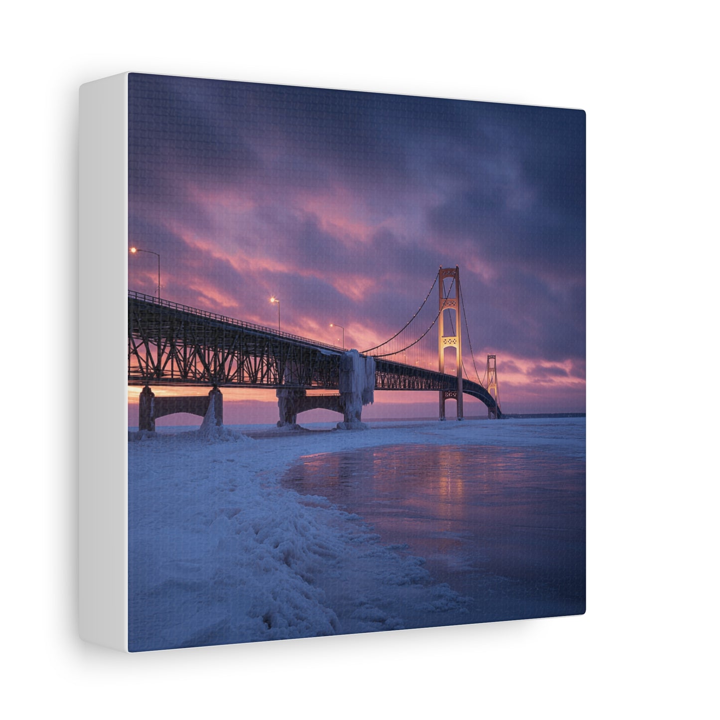 Stretched Canvas Wall Art, Matte Print of Mackinac Bridge, Home Decor, Gift for Art Lovers, Winter Landscape