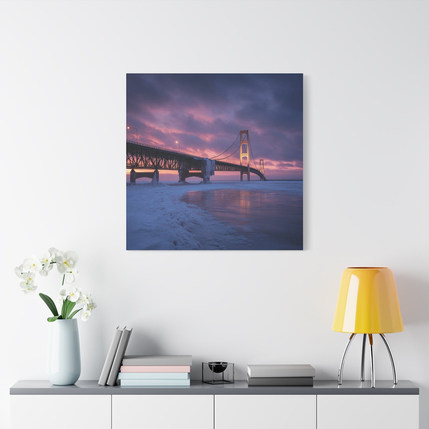 Stretched Canvas Wall Art, Matte Print of Mackinac Bridge, Home Decor, Gift for Art Lovers, Winter Landscape
