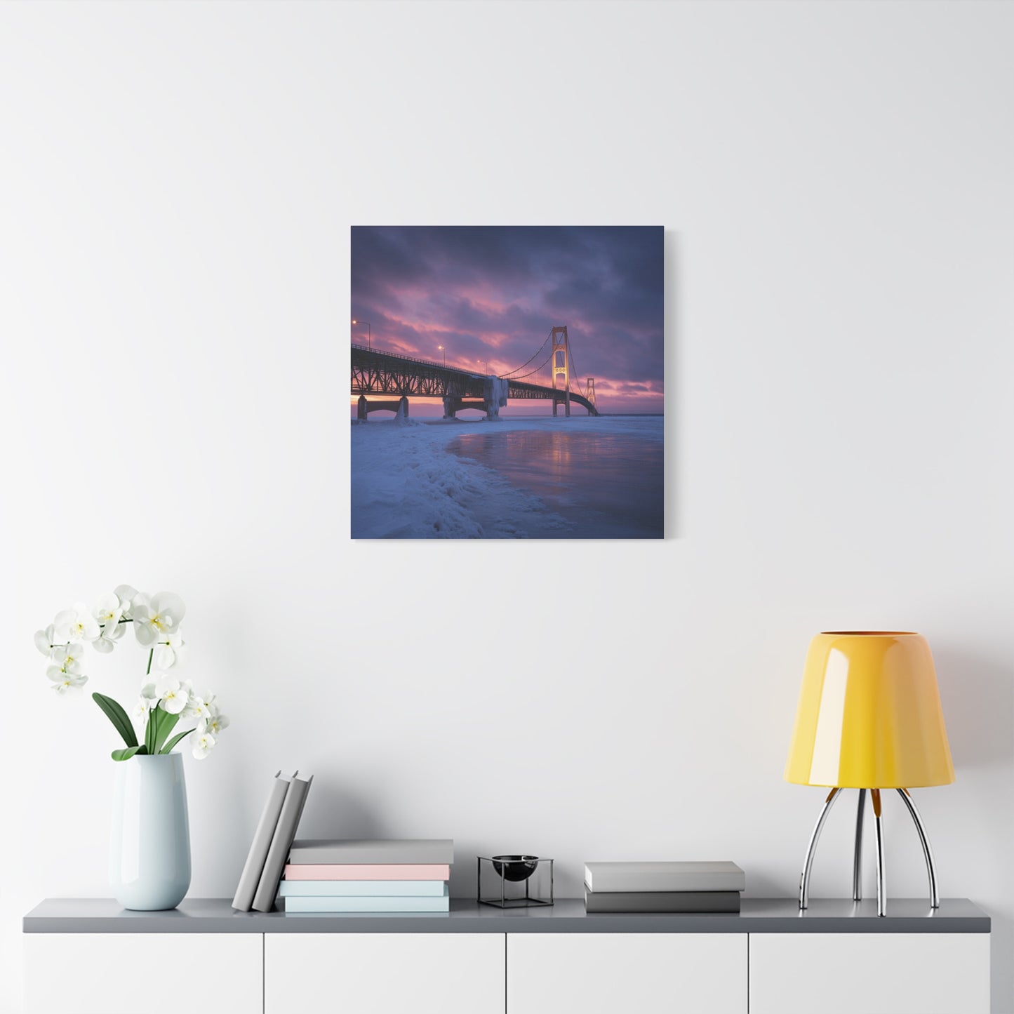 Stretched Canvas Wall Art, Matte Print of Mackinac Bridge, Home Decor, Gift for Art Lovers, Winter Landscape