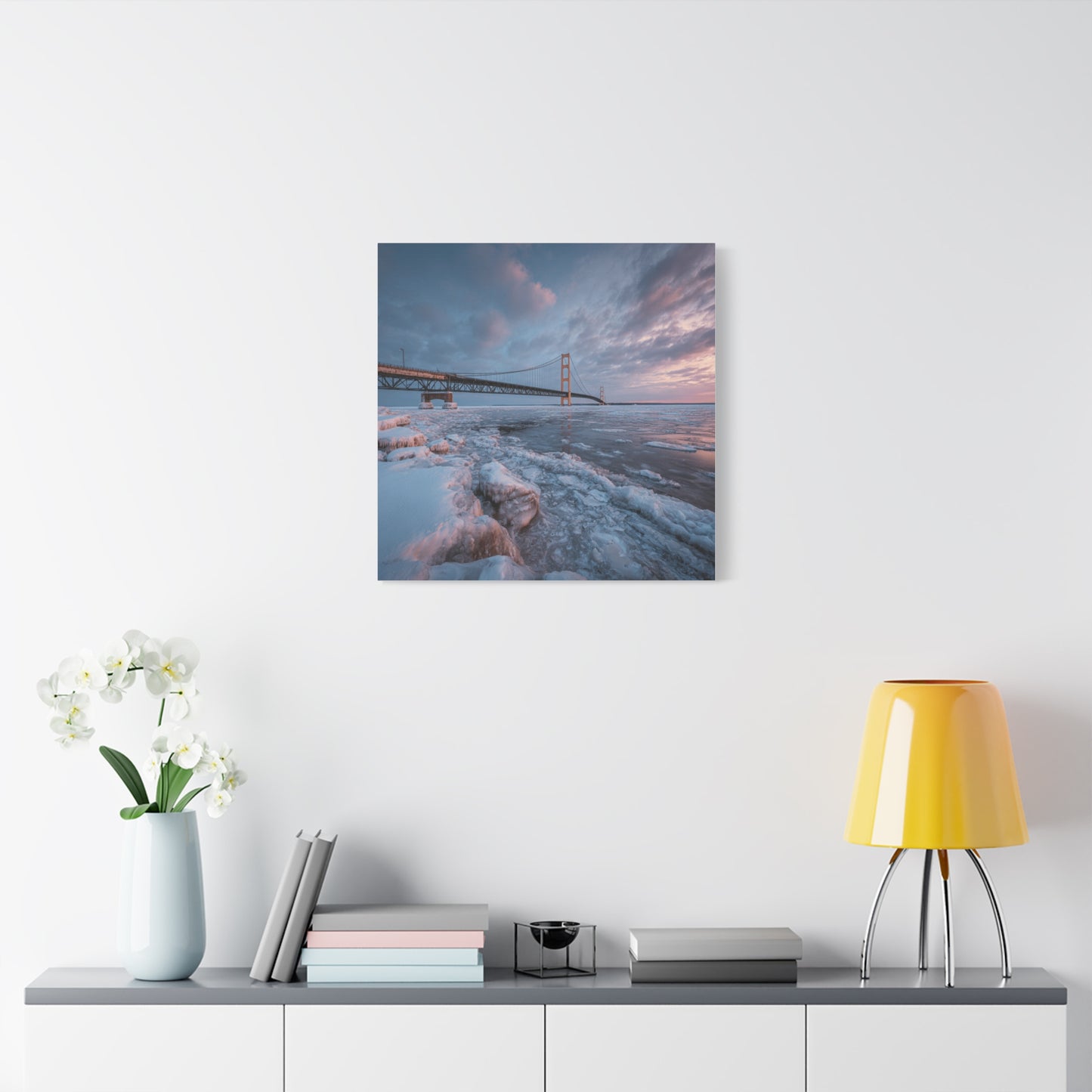 Stretched Canvas Art, Matte Wall Decor, Winter Bridge Scene, Home Aesthetic, Gift for Nature Lovers, Winter Artwork