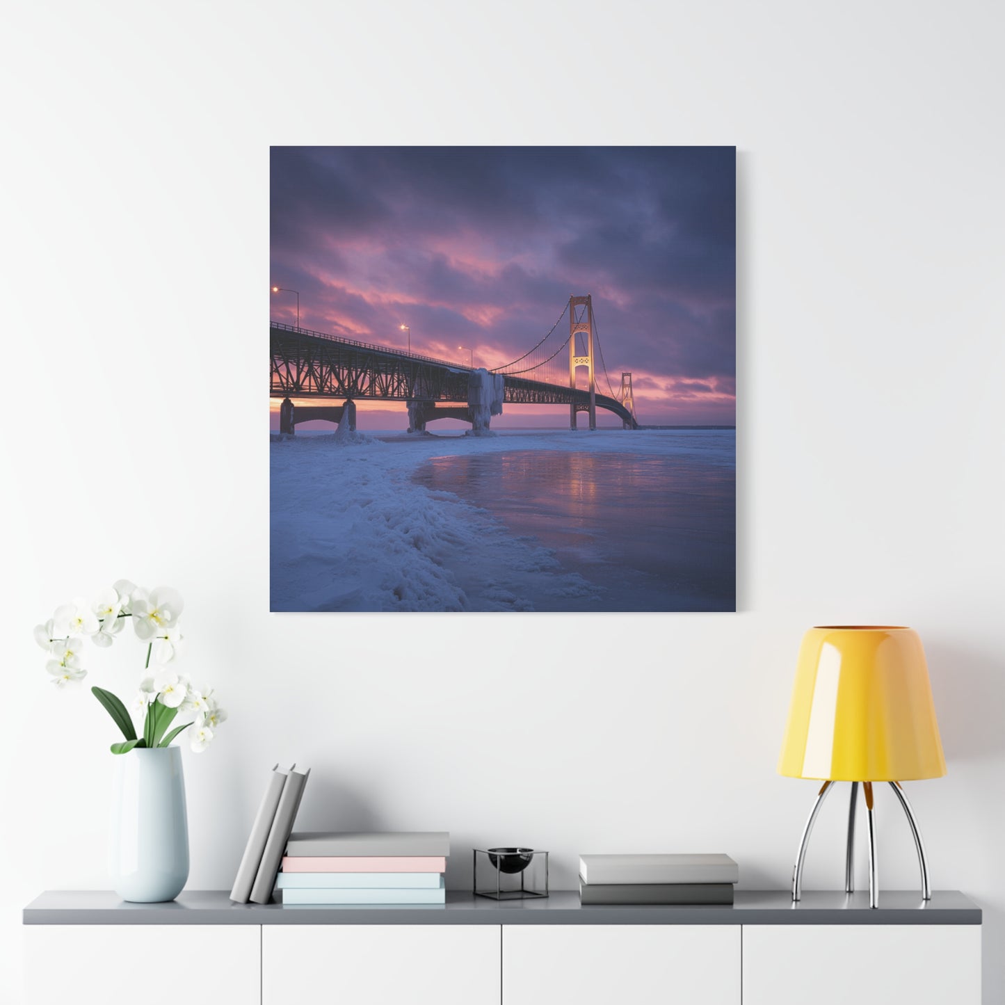 Stretched Canvas Wall Art, Matte Print of Mackinac Bridge, Home Decor, Gift for Art Lovers, Winter Landscape