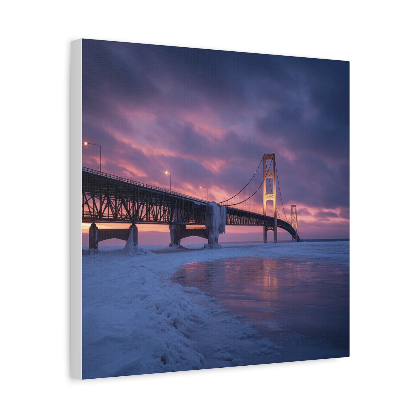 Stretched Canvas Wall Art, Matte Print of Mackinac Bridge, Home Decor, Gift for Art Lovers, Winter Landscape