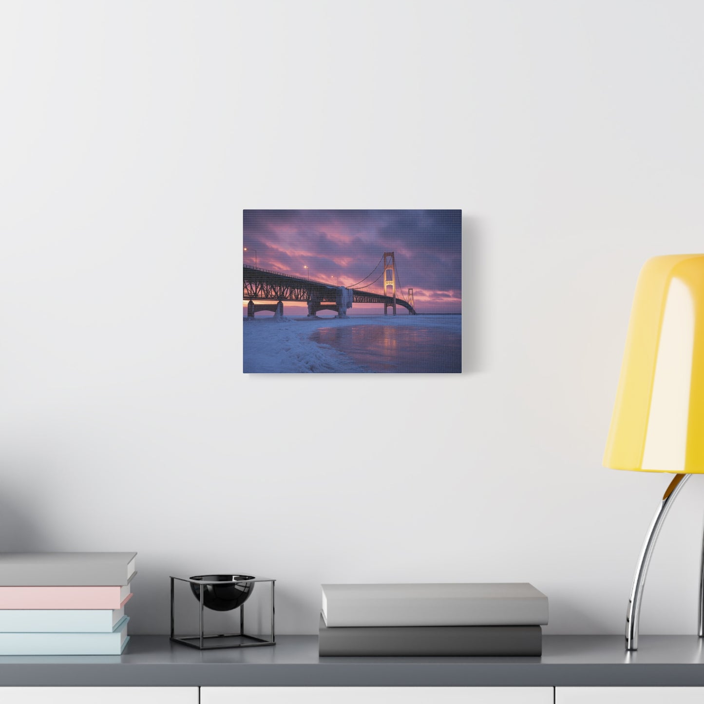 Stretched Canvas Wall Art, Matte Print of Mackinac Bridge, Home Decor, Gift for Art Lovers, Winter Landscape