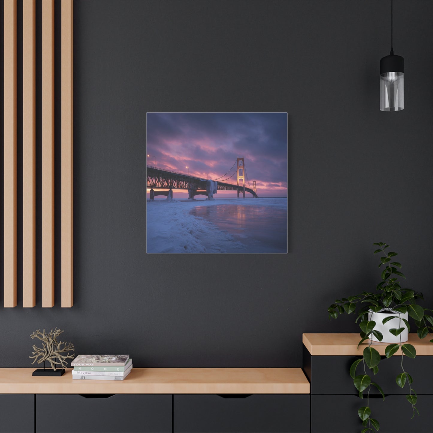 Stretched Canvas Wall Art, Matte Print of Mackinac Bridge, Home Decor, Gift for Art Lovers, Winter Landscape