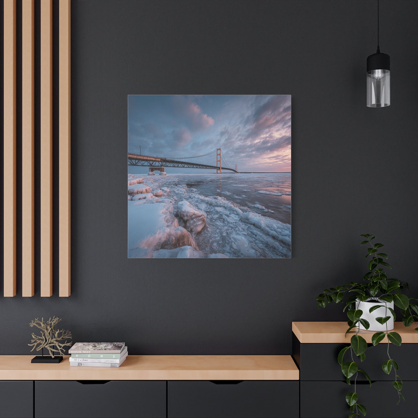 Stretched Canvas Art, Matte Wall Decor, Winter Bridge Scene, Home Aesthetic, Gift for Nature Lovers, Winter Artwork
