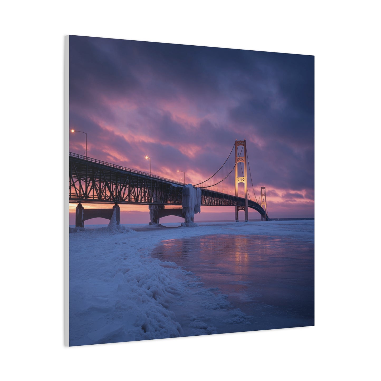 Stretched Canvas Wall Art, Matte Print of Mackinac Bridge, Home Decor, Gift for Art Lovers, Winter Landscape