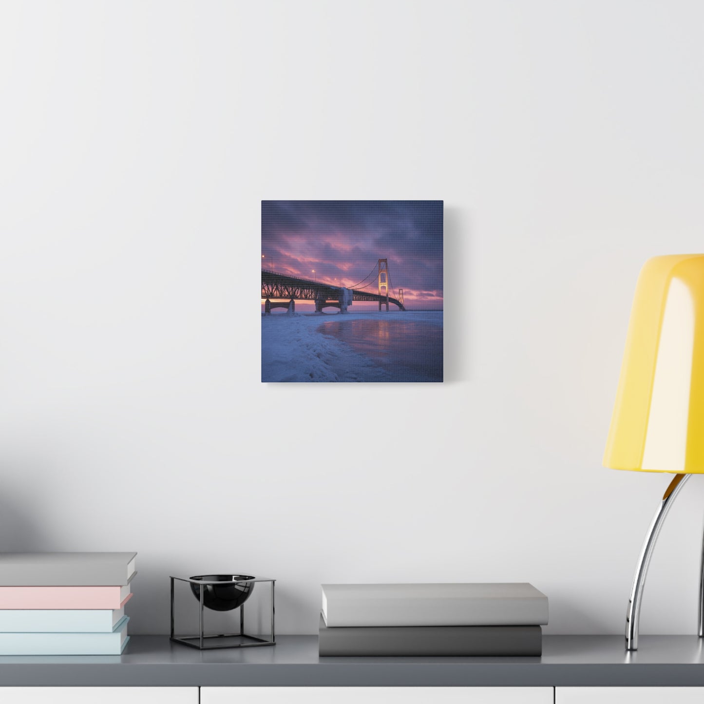 Stretched Canvas Wall Art, Matte Print of Mackinac Bridge, Home Decor, Gift for Art Lovers, Winter Landscape