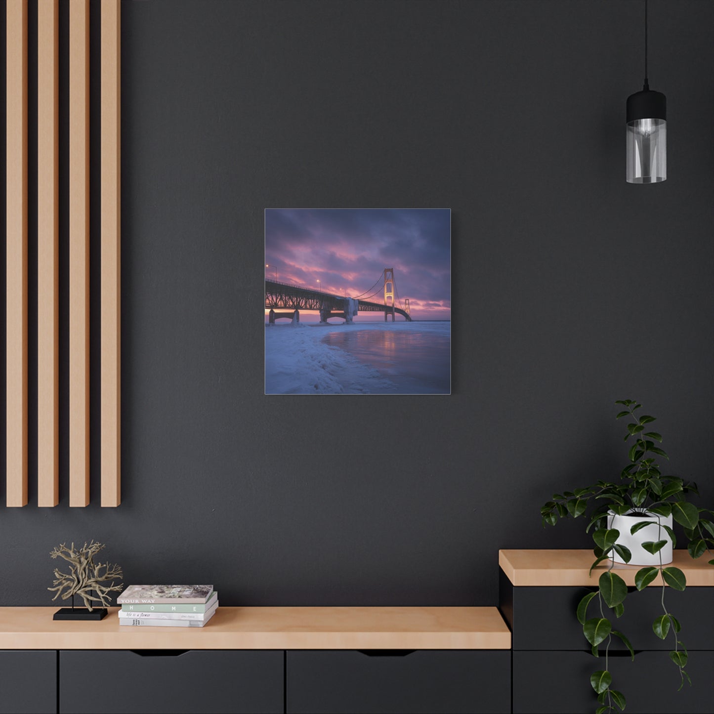 Stretched Canvas Wall Art, Matte Print of Mackinac Bridge, Home Decor, Gift for Art Lovers, Winter Landscape