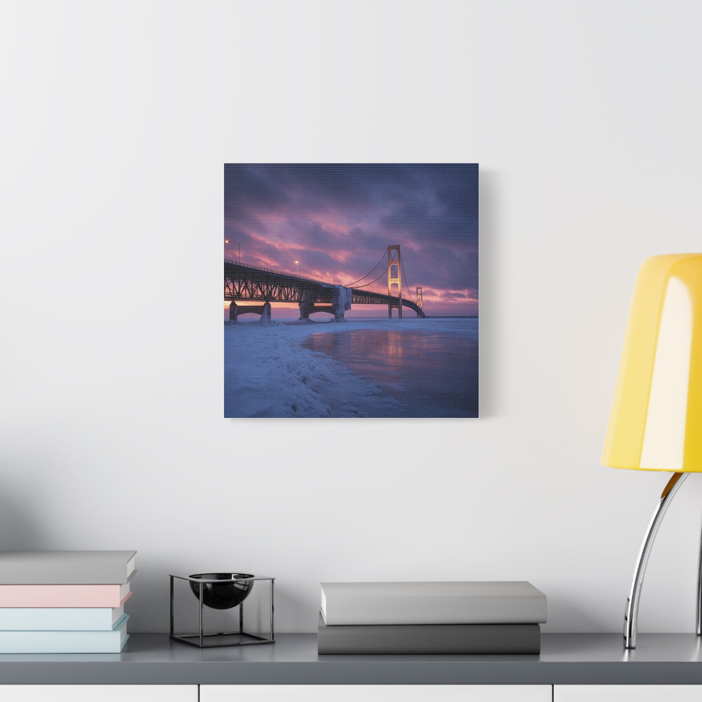 Stretched Canvas Wall Art, Matte Print of Mackinac Bridge, Home Decor, Gift for Art Lovers, Winter Landscape