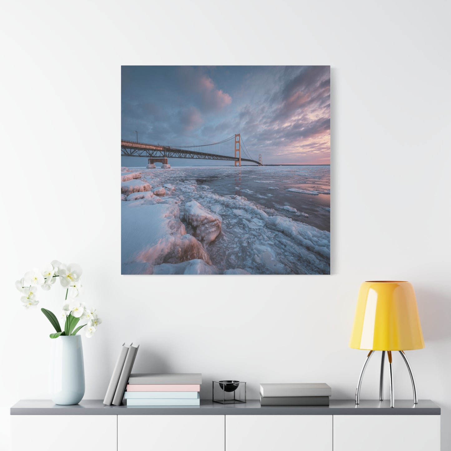 Stretched Canvas Art, Matte Wall Decor, Winter Bridge Scene, Home Aesthetic, Gift for Nature Lovers, Winter Artwork