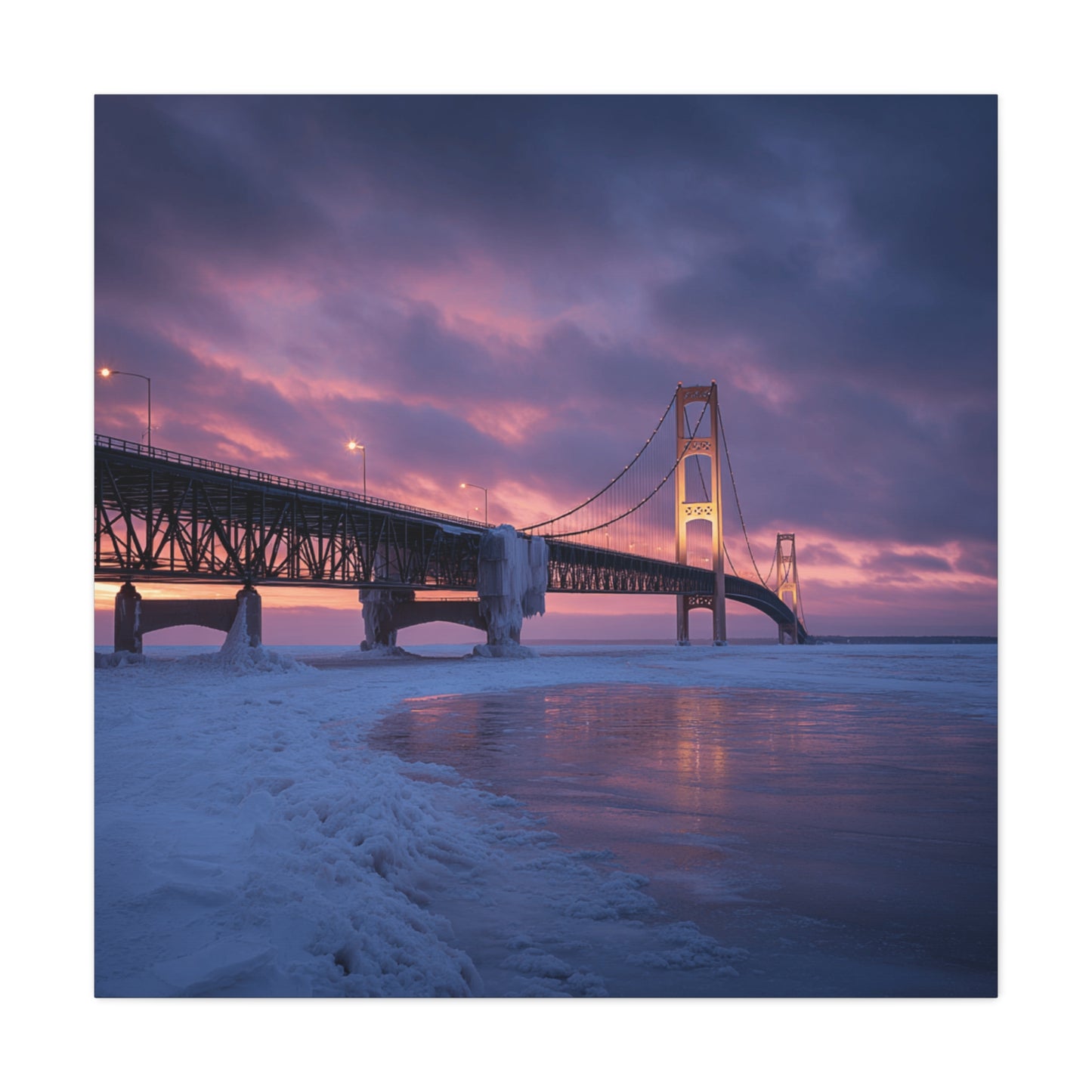 Stretched Canvas Wall Art, Matte Print of Mackinac Bridge, Home Decor, Gift for Art Lovers, Winter Landscape