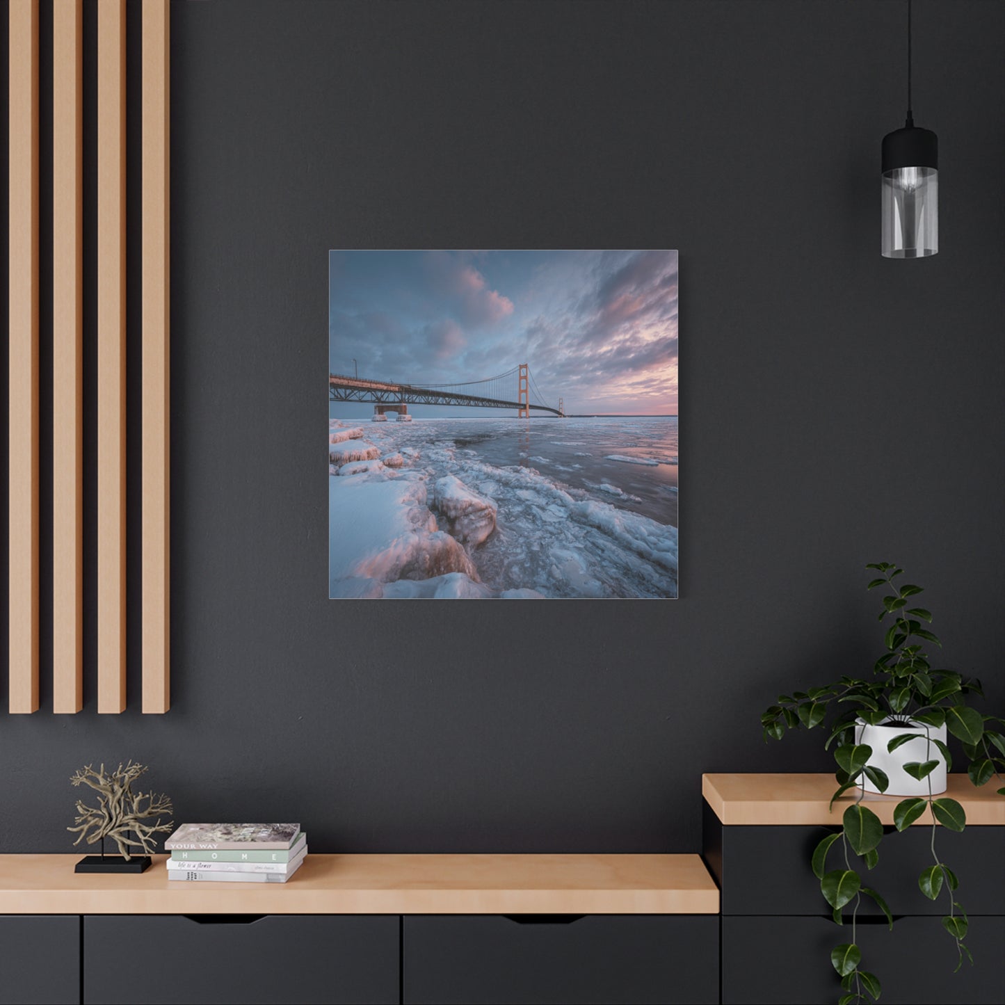 Stretched Canvas Art, Matte Wall Decor, Winter Bridge Scene, Home Aesthetic, Gift for Nature Lovers, Winter Artwork