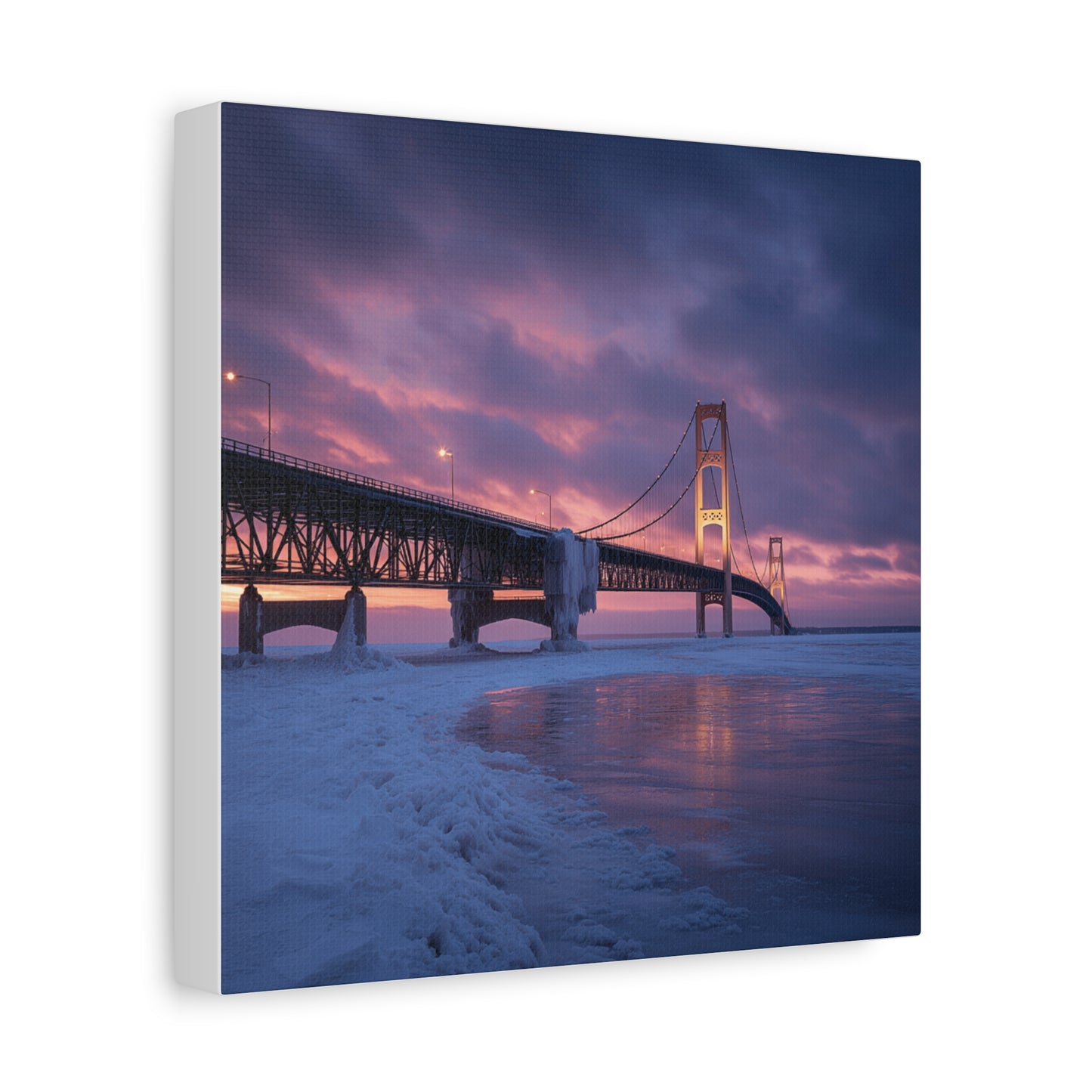 Stretched Canvas Wall Art, Matte Print of Mackinac Bridge, Home Decor, Gift for Art Lovers, Winter Landscape