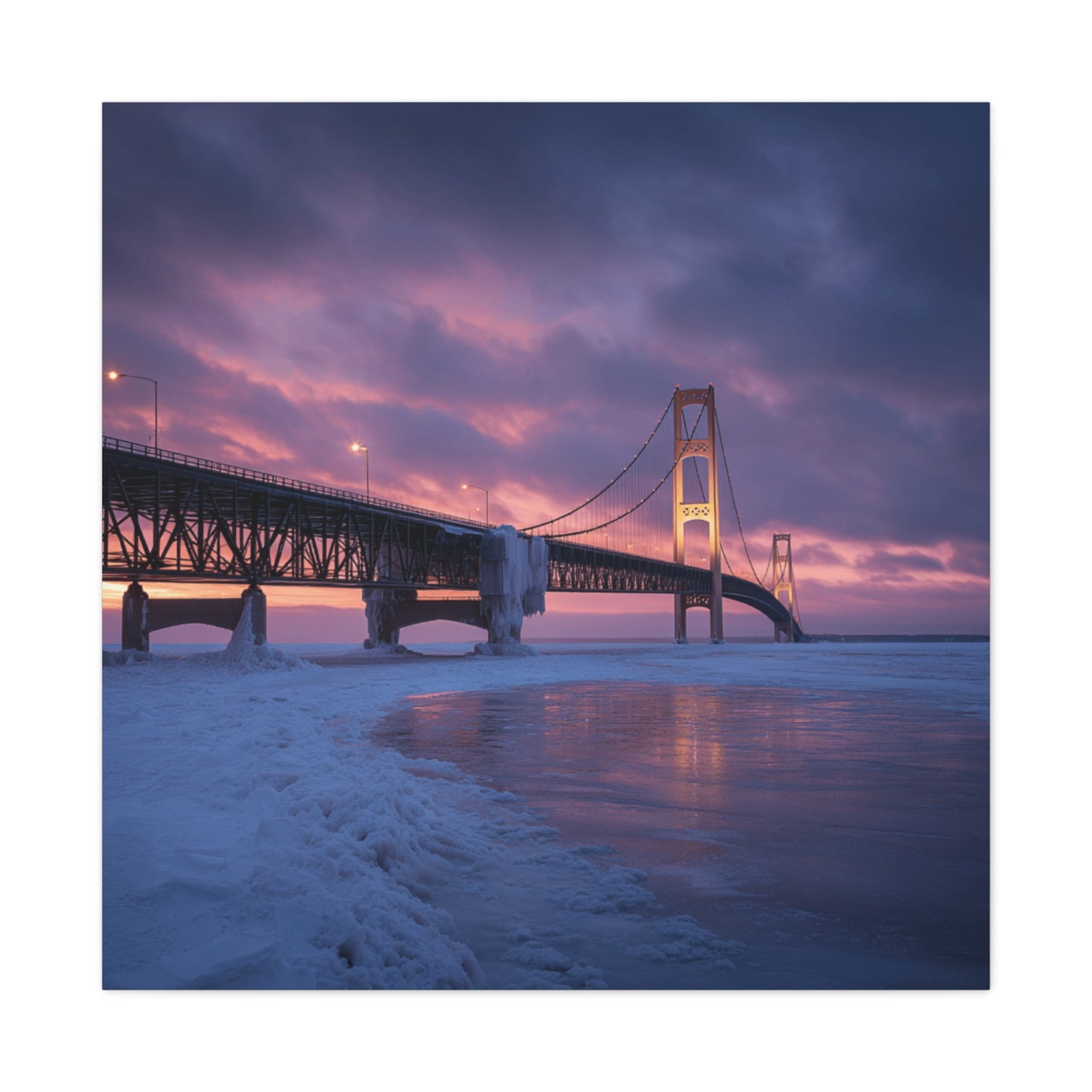 Stretched Canvas Wall Art, Matte Print of Mackinac Bridge, Home Decor, Gift for Art Lovers, Winter Landscape