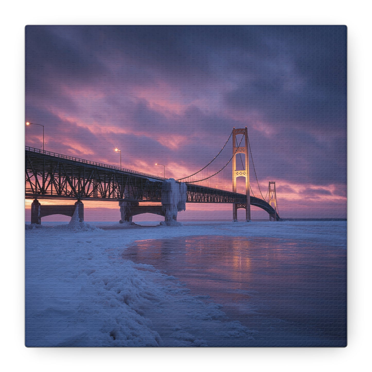 Stretched Canvas Wall Art, Matte Print of Mackinac Bridge, Home Decor, Gift for Art Lovers, Winter Landscape