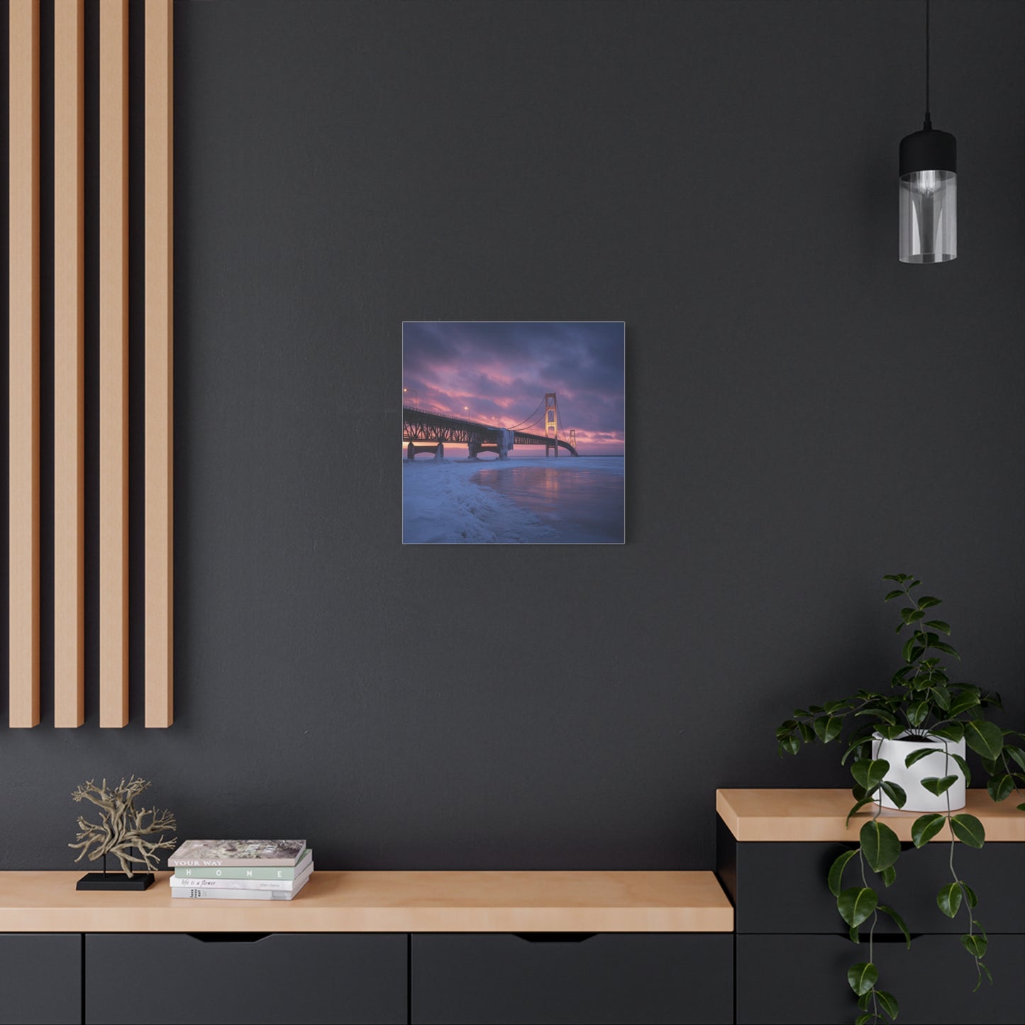 Stretched Canvas Wall Art, Matte Print of Mackinac Bridge, Home Decor, Gift for Art Lovers, Winter Landscape