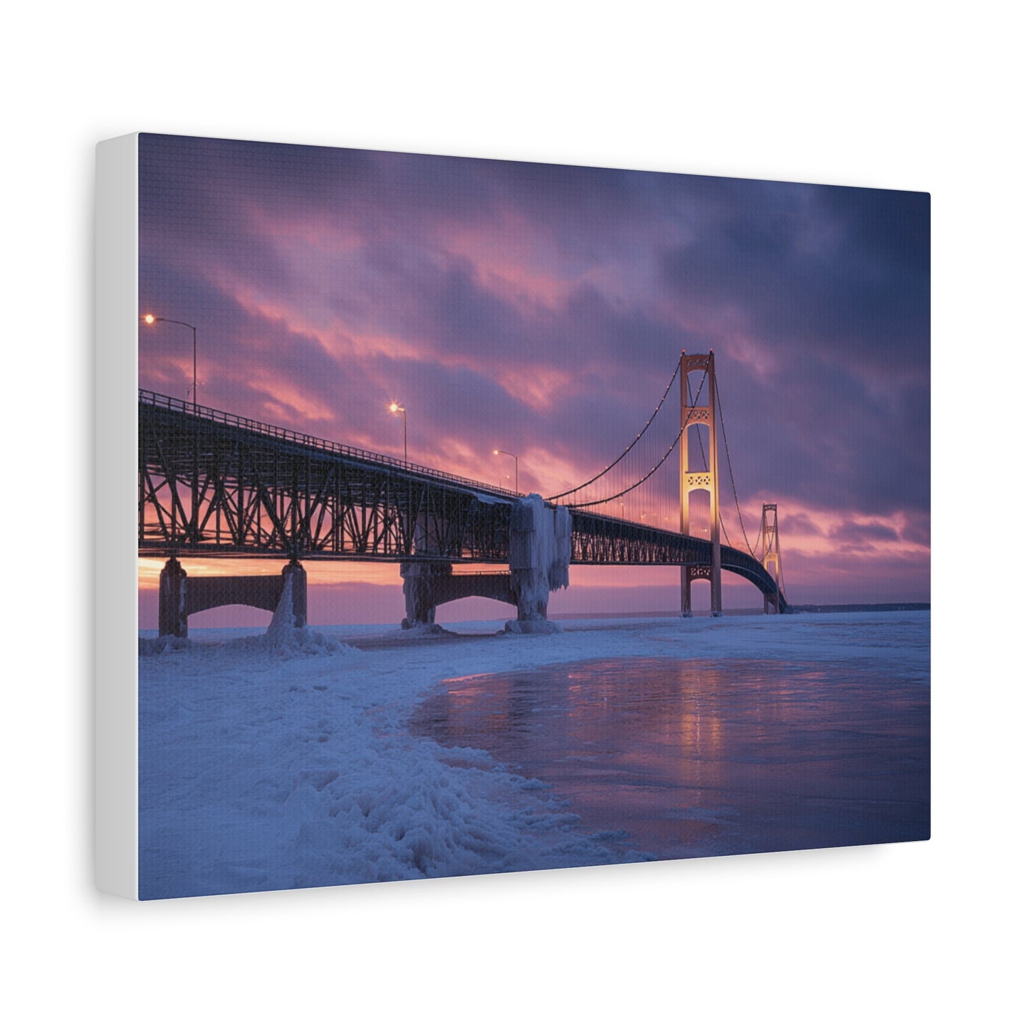 Stretched Canvas Wall Art, Matte Print of Mackinac Bridge, Home Decor, Gift for Art Lovers, Winter Landscape