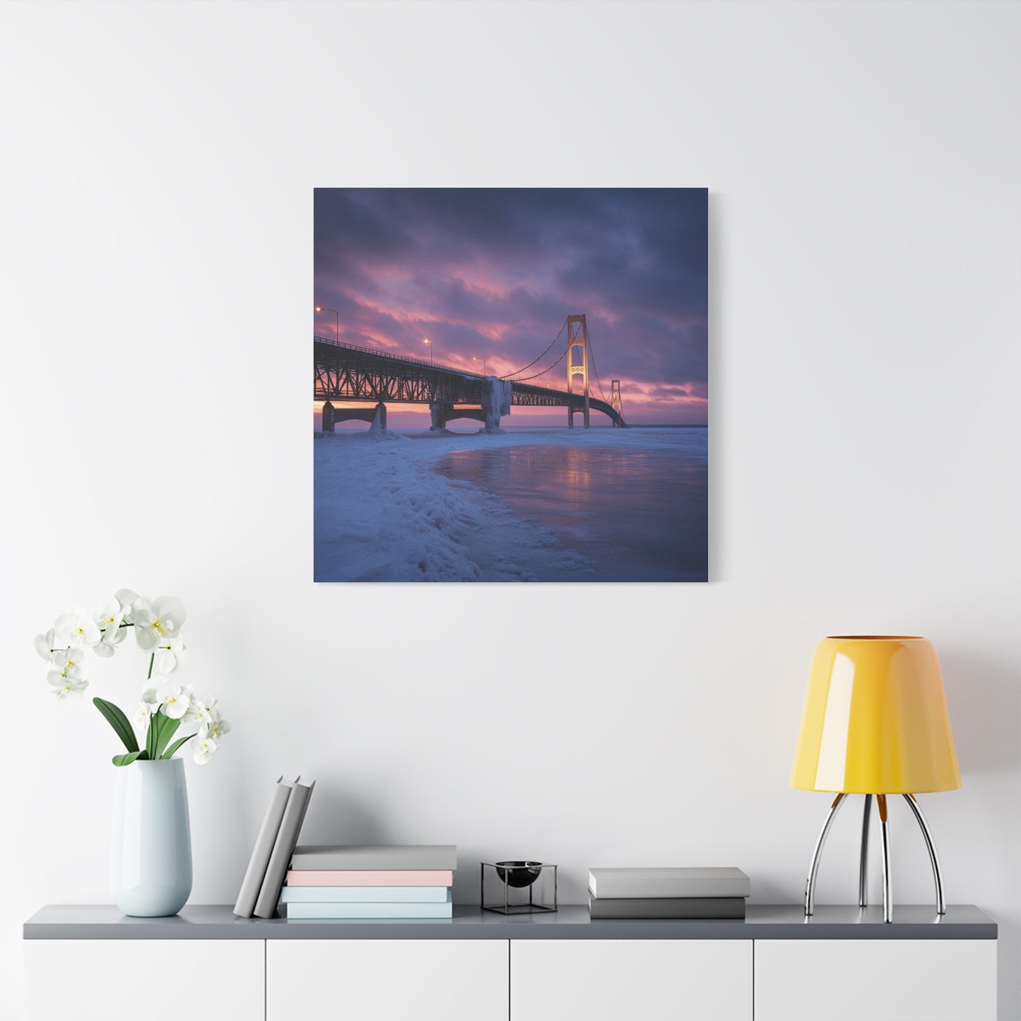 Stretched Canvas Wall Art, Matte Print of Mackinac Bridge, Home Decor, Gift for Art Lovers, Winter Landscape