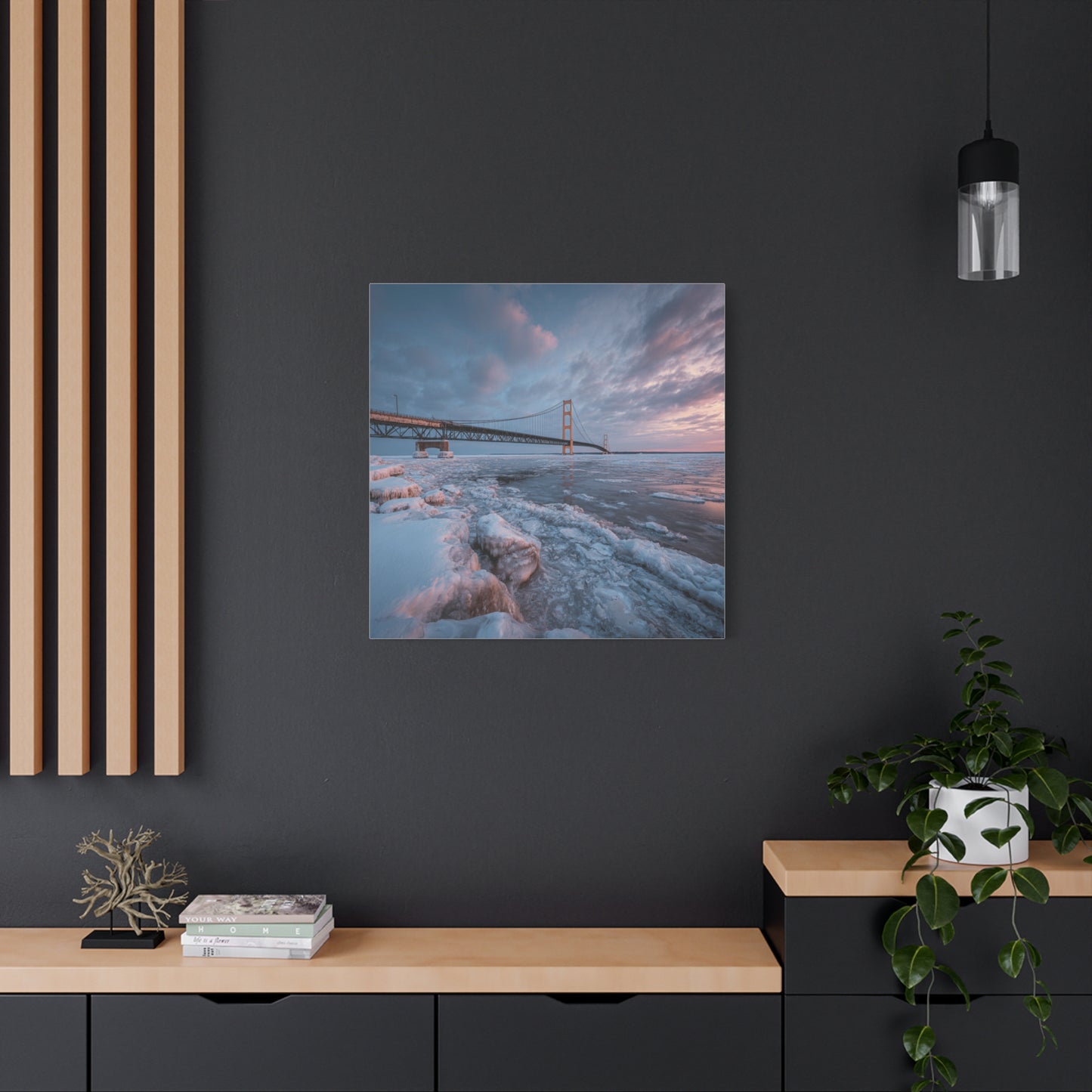 Stretched Canvas Art, Matte Wall Decor, Winter Bridge Scene, Home Aesthetic, Gift for Nature Lovers, Winter Artwork