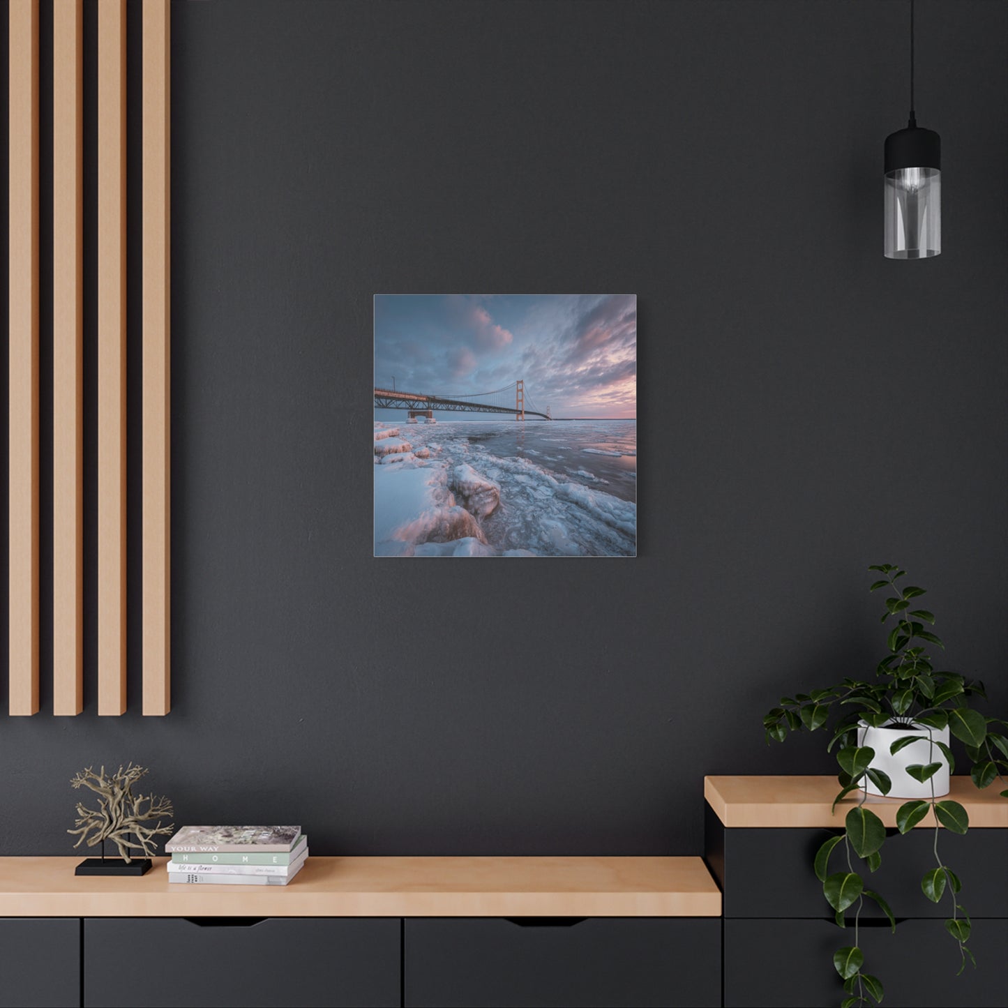 Stretched Canvas Art, Matte Wall Decor, Winter Bridge Scene, Home Aesthetic, Gift for Nature Lovers, Winter Artwork