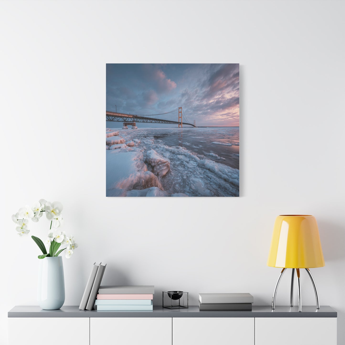 Stretched Canvas Art, Matte Wall Decor, Winter Bridge Scene, Home Aesthetic, Gift for Nature Lovers, Winter Artwork