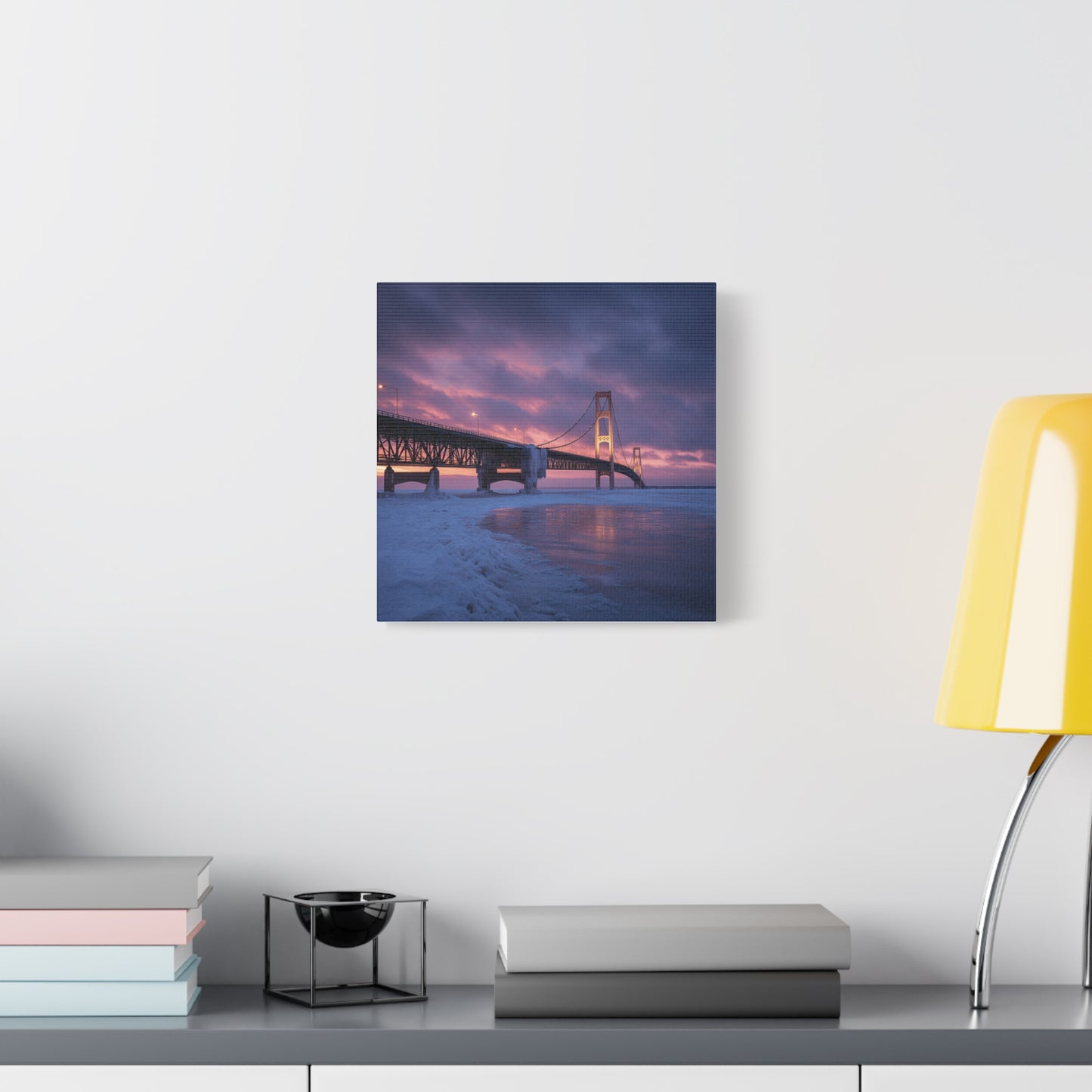 Stretched Canvas Wall Art, Matte Print of Mackinac Bridge, Home Decor, Gift for Art Lovers, Winter Landscape