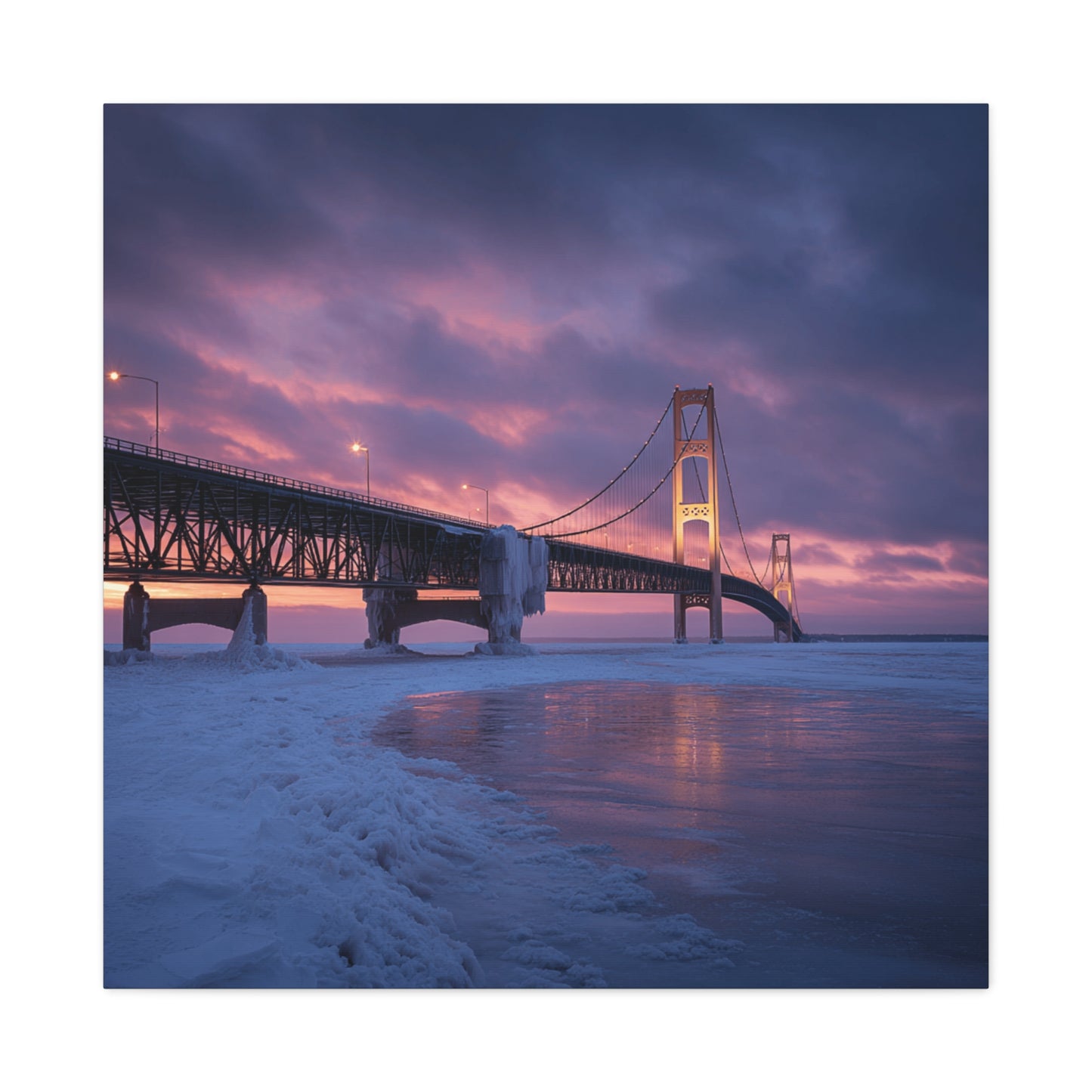 Stretched Canvas Wall Art, Matte Print of Mackinac Bridge, Home Decor, Gift for Art Lovers, Winter Landscape