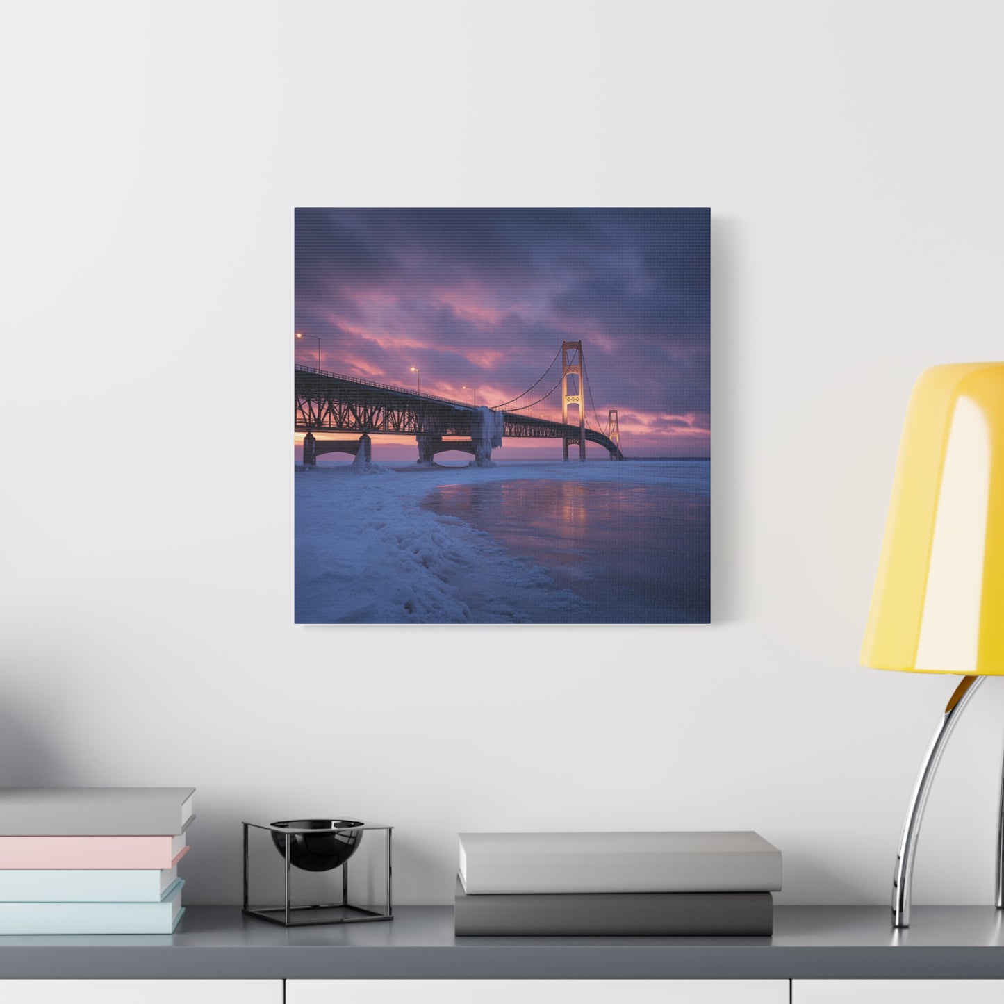 Stretched Canvas Wall Art, Matte Print of Mackinac Bridge, Home Decor, Gift for Art Lovers, Winter Landscape