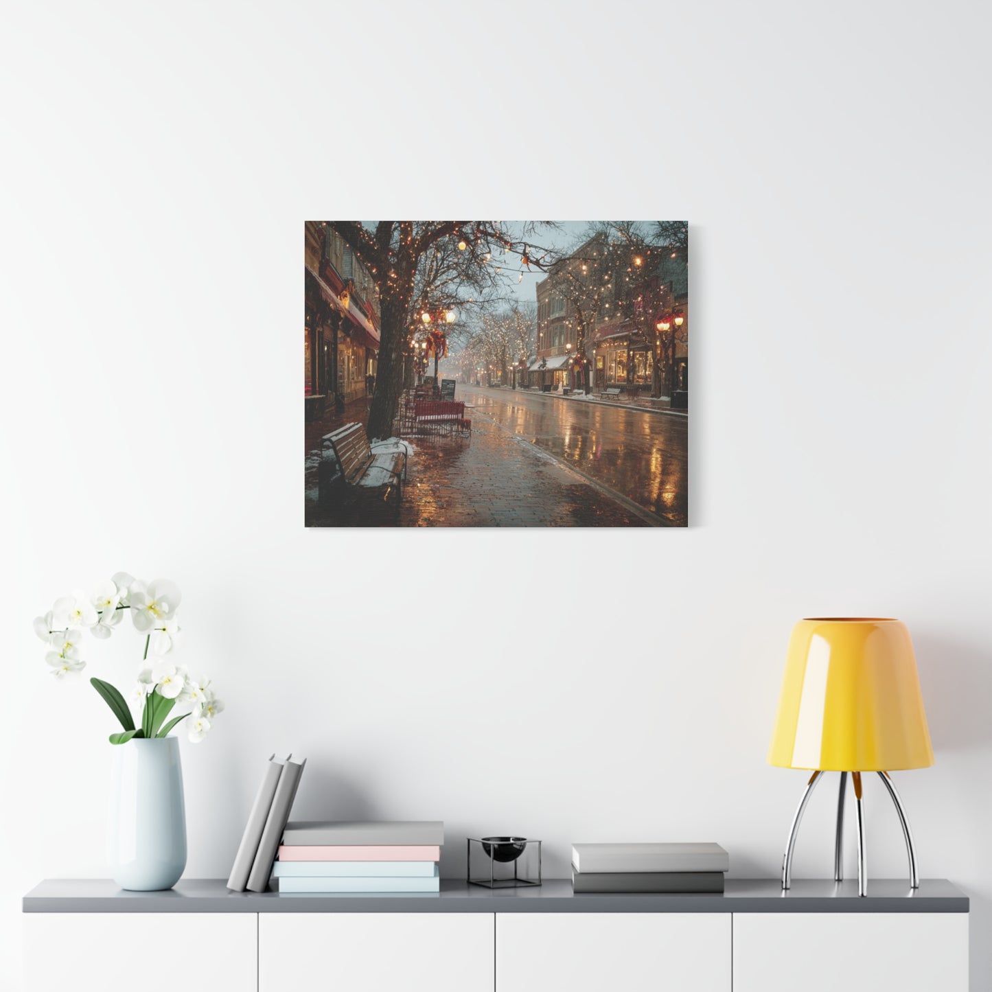 Stretched Canvas Art, Winter Street Scene