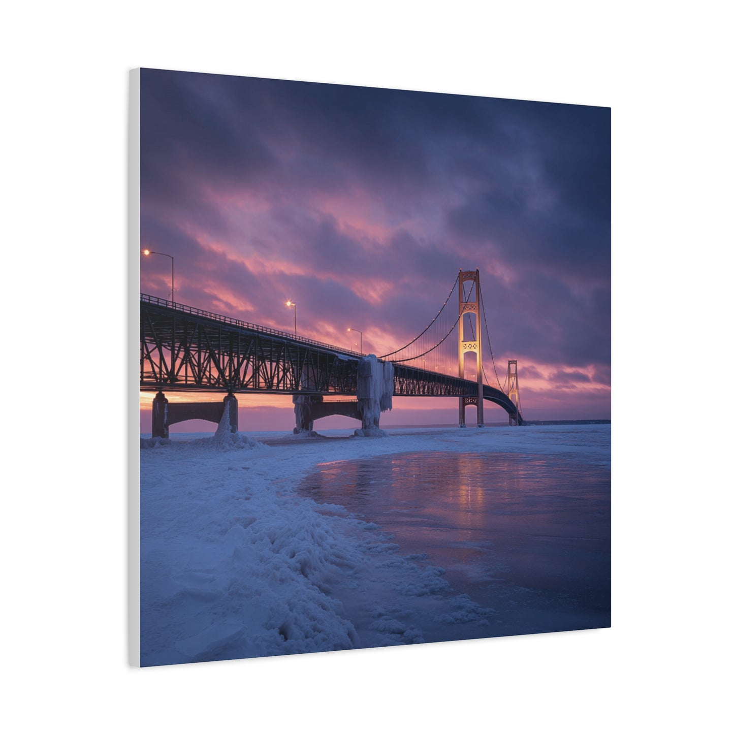 Stretched Canvas Wall Art, Matte Print of Mackinac Bridge, Home Decor, Gift for Art Lovers, Winter Landscape