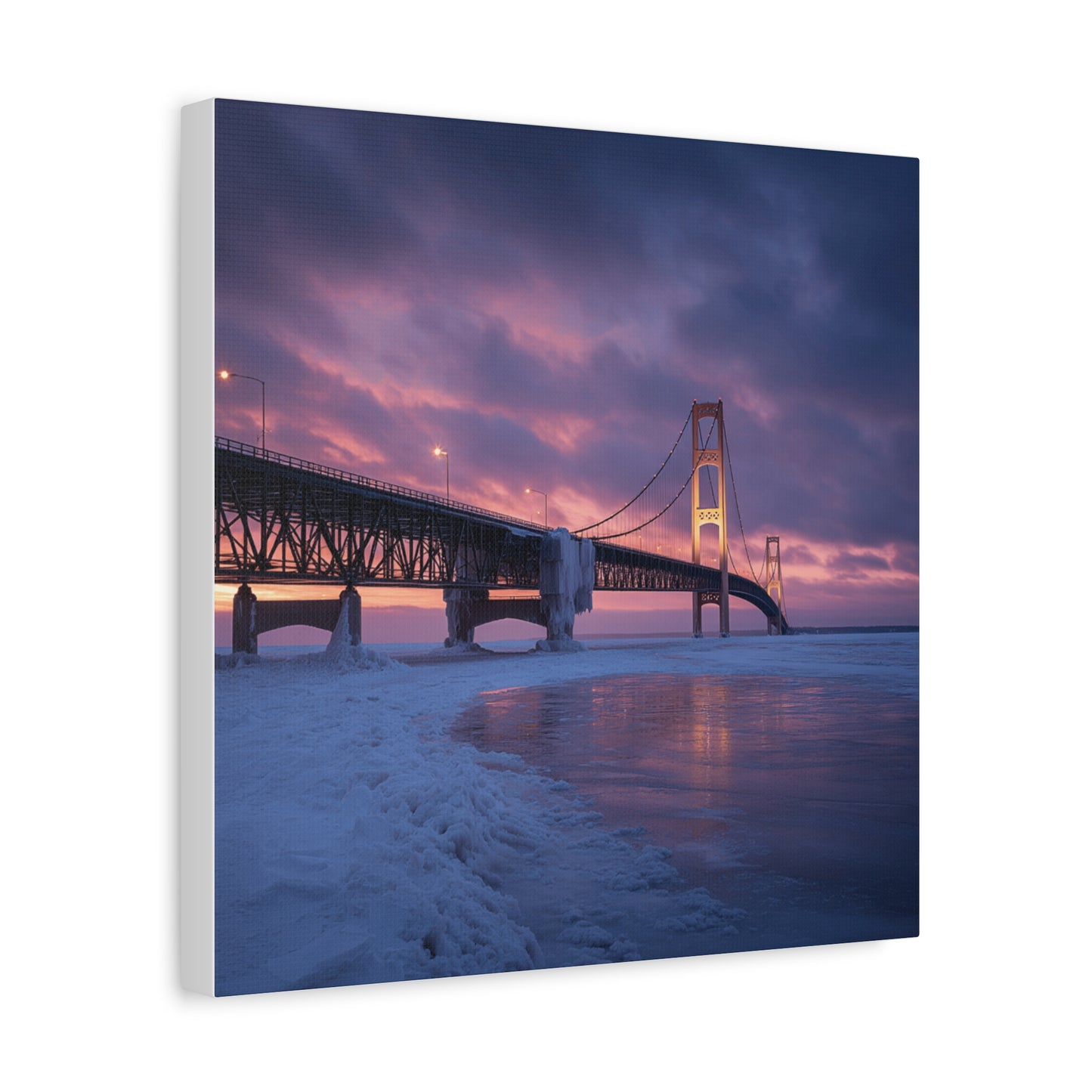 Stretched Canvas Wall Art, Matte Print of Mackinac Bridge, Home Decor, Gift for Art Lovers, Winter Landscape