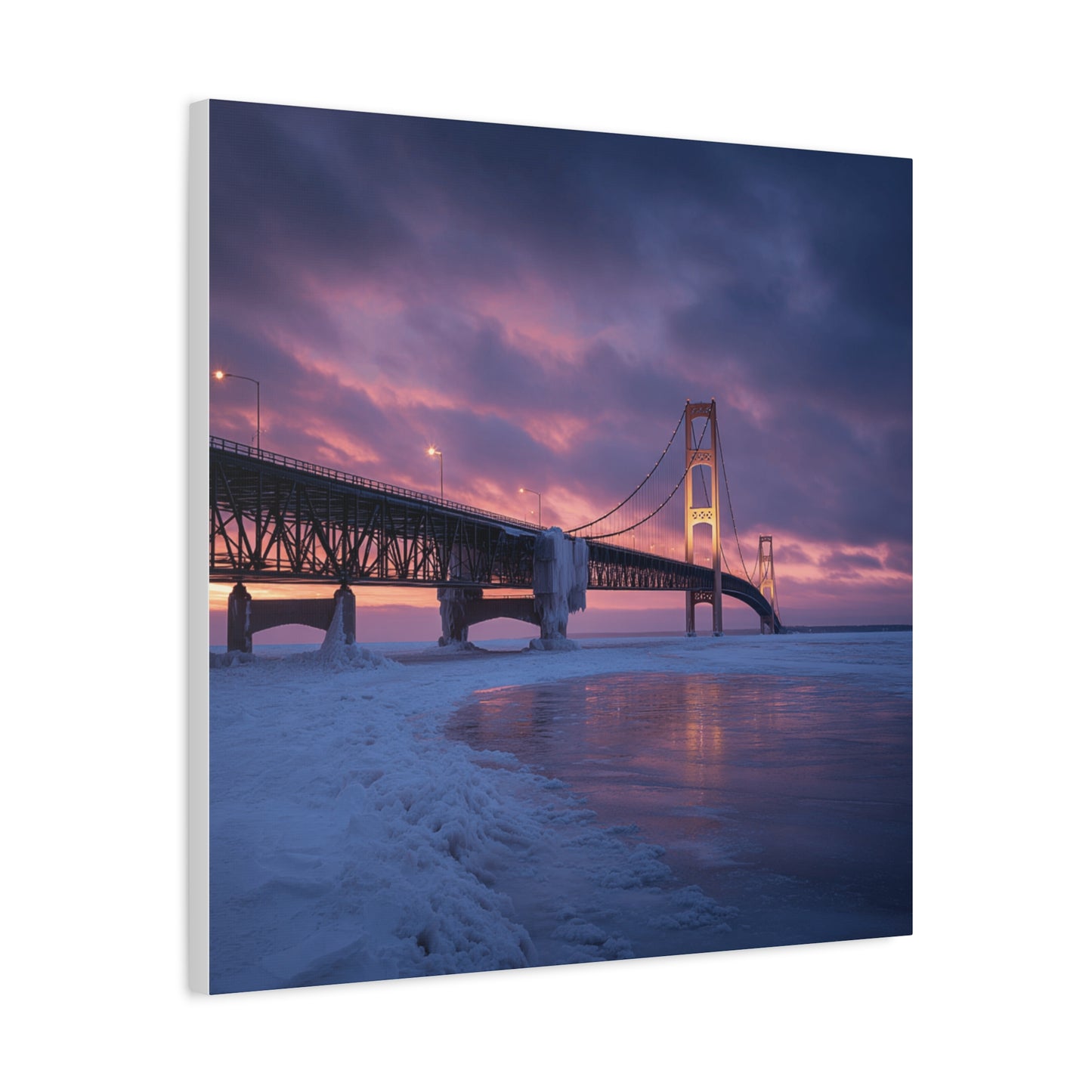 Stretched Canvas Wall Art, Matte Print of Mackinac Bridge, Home Decor, Gift for Art Lovers, Winter Landscape