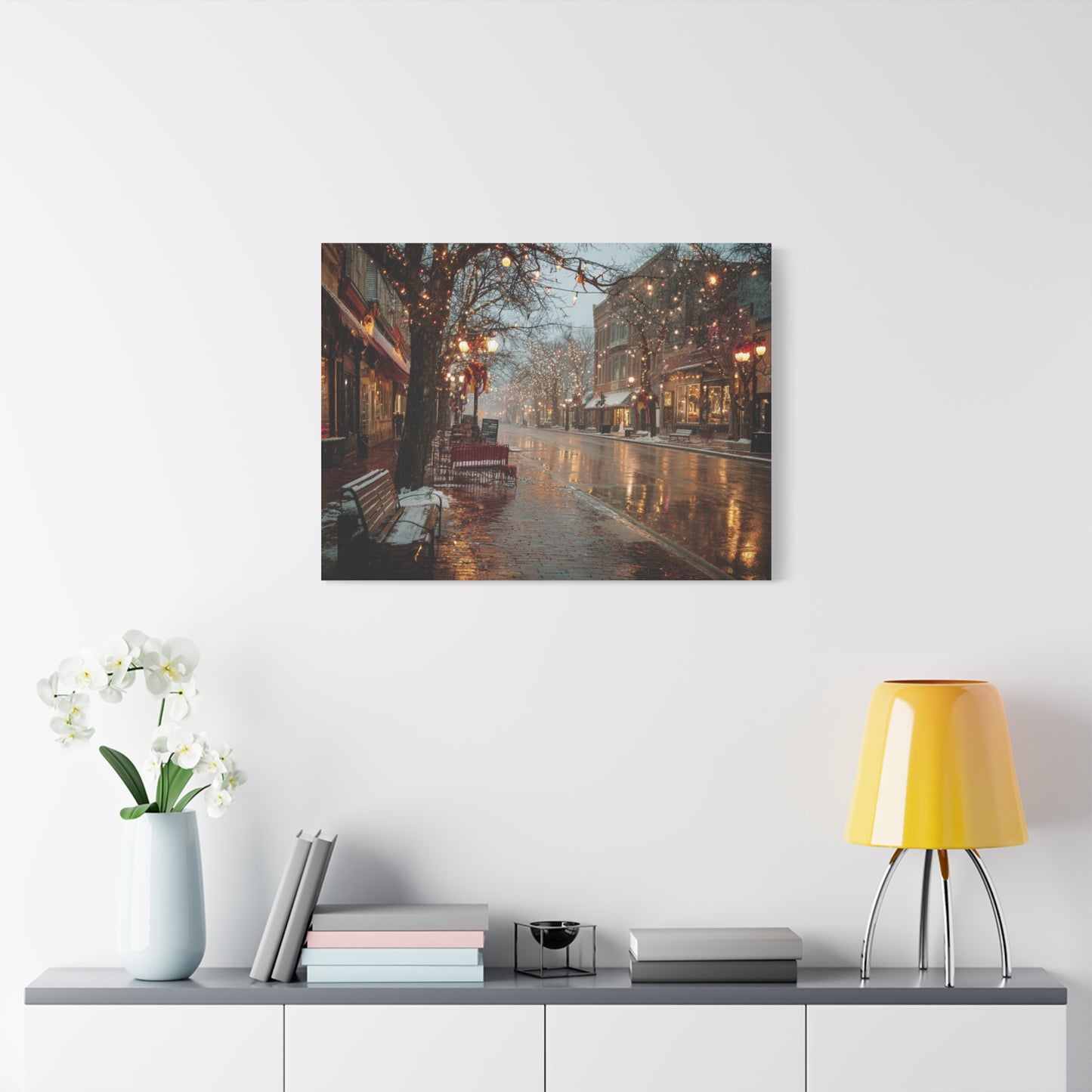 Stretched Canvas Art, Winter Street Scene