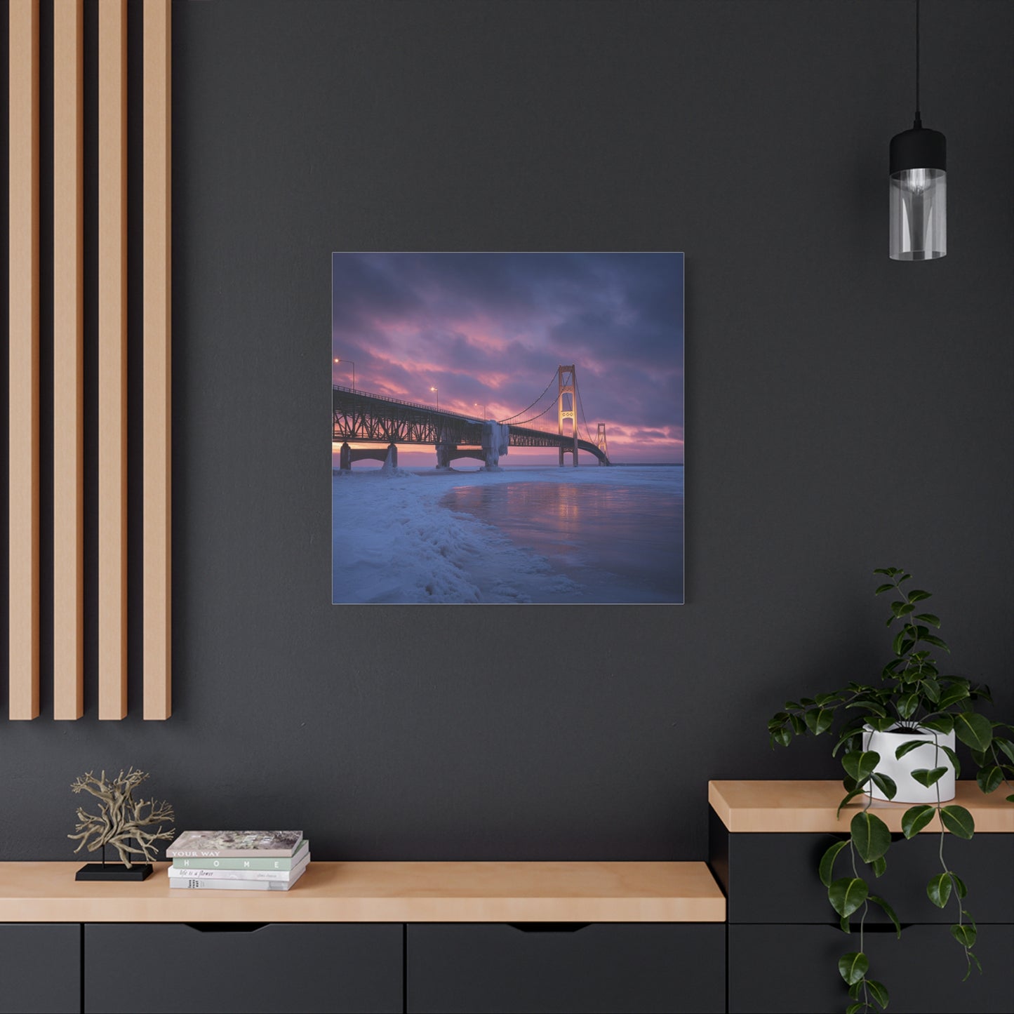 Stretched Canvas Wall Art, Matte Print of Mackinac Bridge, Home Decor, Gift for Art Lovers, Winter Landscape