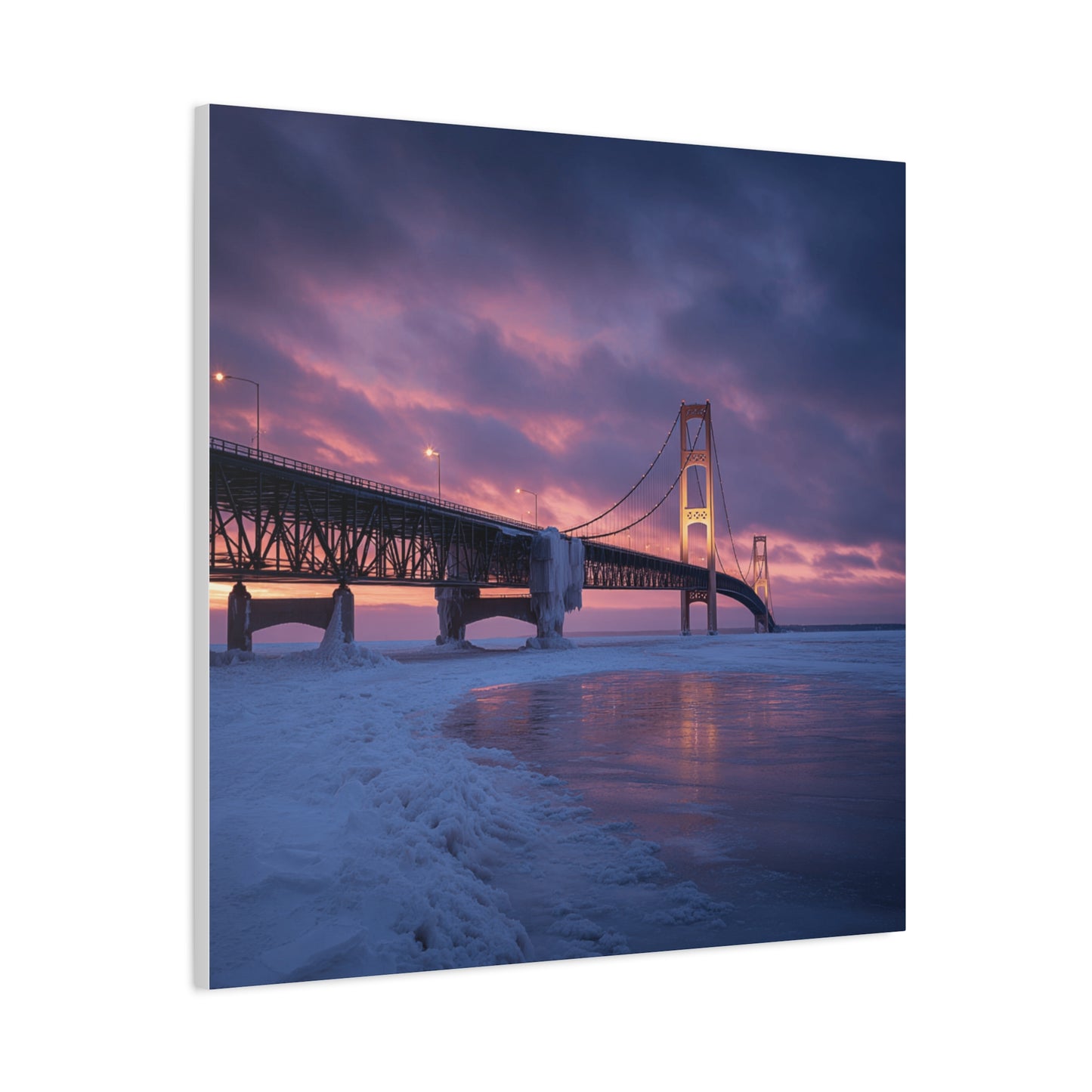 Stretched Canvas Wall Art, Matte Print of Mackinac Bridge, Home Decor, Gift for Art Lovers, Winter Landscape