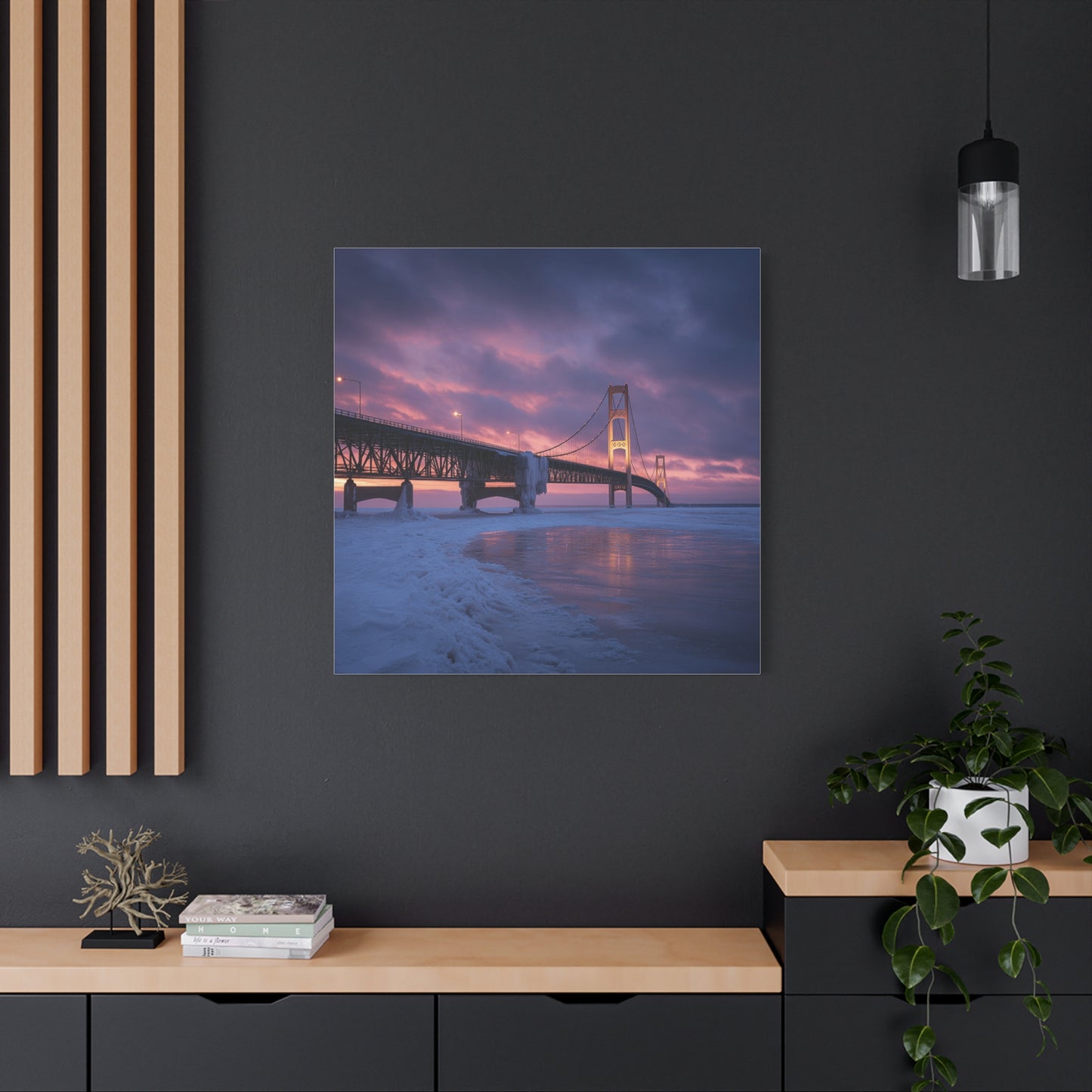 Stretched Canvas Wall Art, Matte Print of Mackinac Bridge, Home Decor, Gift for Art Lovers, Winter Landscape